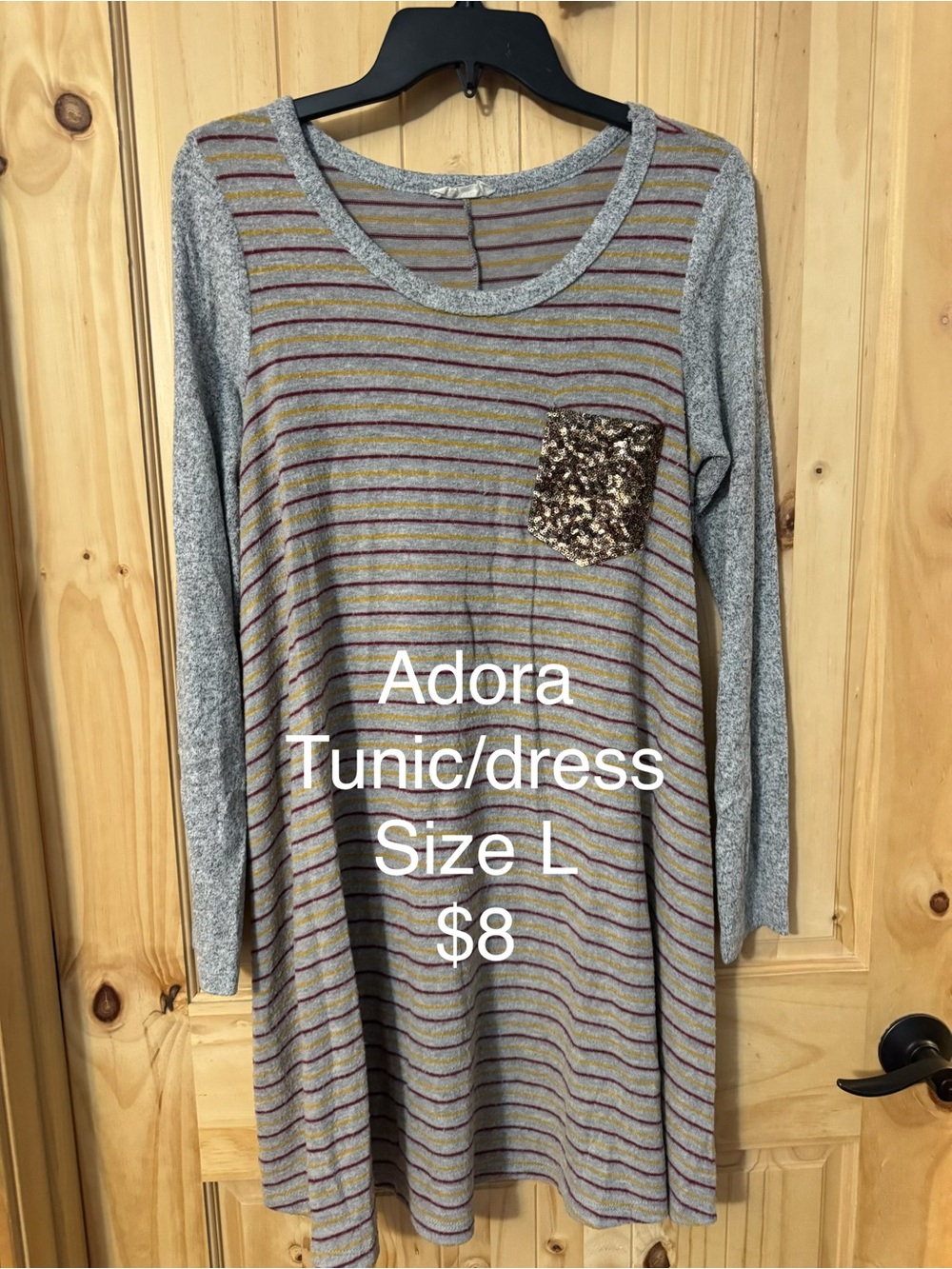 ADORA Grey Striped Tunic Dress with Sequin Pocket